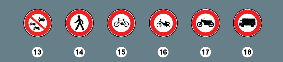 Accès interdit à tous les véhicules à moteur, Accès interdit aux piétons, Accès interdit aux cyclistes, Accès interdit aux cyclomoteurs, Accès interdit aux motocyclettes et motocyclettes légères, Accès interdit aux véhicules affectés au transport de marchandises