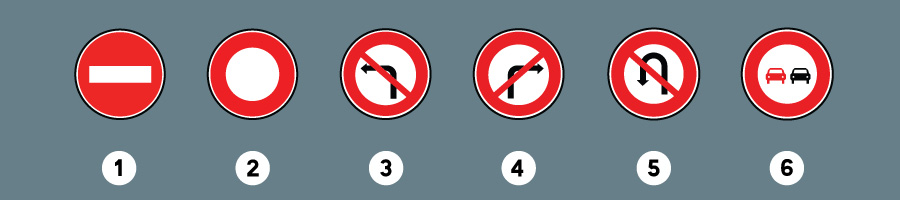 sens interdit, interdit à tous les véhicules interdiction tourner à gauche, interdiction de tourner à droite, interdiction de faire demi tour