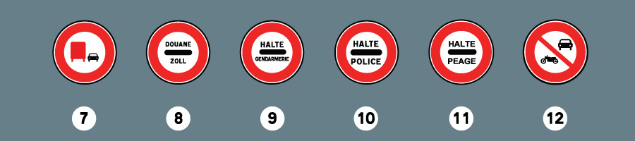 Interdiction de dépasser pour les transports de marchandises de plus de 3,5 tonnes, Arrêt au poste de douane, Arrêt au poste de gendarmerie, Arrêt au barrage de police, Arrêt au poste de péage, Accès interdit aux véhicules à moteur à l'exception des cyclomoteurs