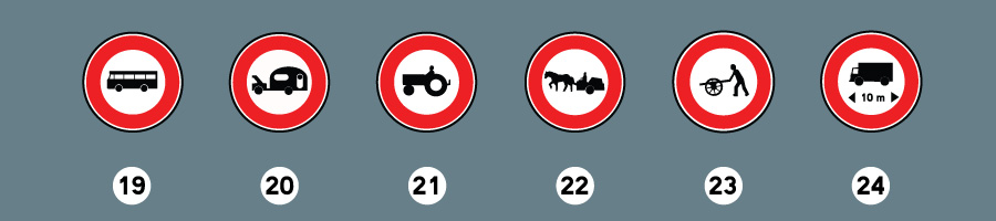 Accès interdit aux véhicules de transport en commun de personnes, Accès interdit aux véhicules tractant une caravane ou une remorque de plus de 250 kg, tel que le poids total roulant autorisé, véhicule et caravane ou remorque, ne dépasse pas 3,5 tonnes, Accès interdit aux véhicules agricoles à moteur, Accès interdit aux véhicules à traction animale, Accès interdit aux voitures à bras, Accès interdit aux véhicules, véhicules articulés, trains doubles ou ensemble de véhicules dont la longueur est supérieure au nombre indiqué
