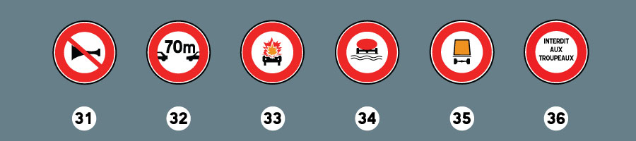 Signaux sonores interdits. Interdiction aux véhicules de circuler sans maintenir entre eux un intervalle au moins égal au nombre indiqué. Accès interdit aux véhicules transportant des marchandises explosives ou facilement inflammables. Accès interdit aux véhicules transportant des marchandises susceptibles de polluer les eaux. Accès interdit aux véhicules transportant des marchandises dangereuses. Autres interdictions dont la nature est spécifiée par une inscription sur le panneau