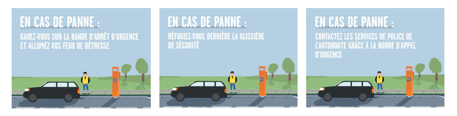 Consignes de sécurité en cas de panne sur autoroute : s'arrêter sur la bande d'arrêt d'urgence allumer les feux de détresse contactez les secours via la borne d'appel d'urgence se réfugier derrière la glissière de sécurité
