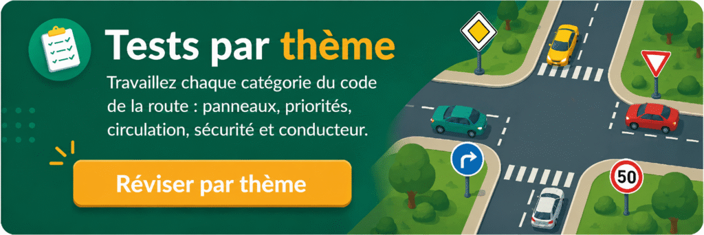 Tests par thème du code de la route pour réviser les panneaux, priorités et règles de circulation